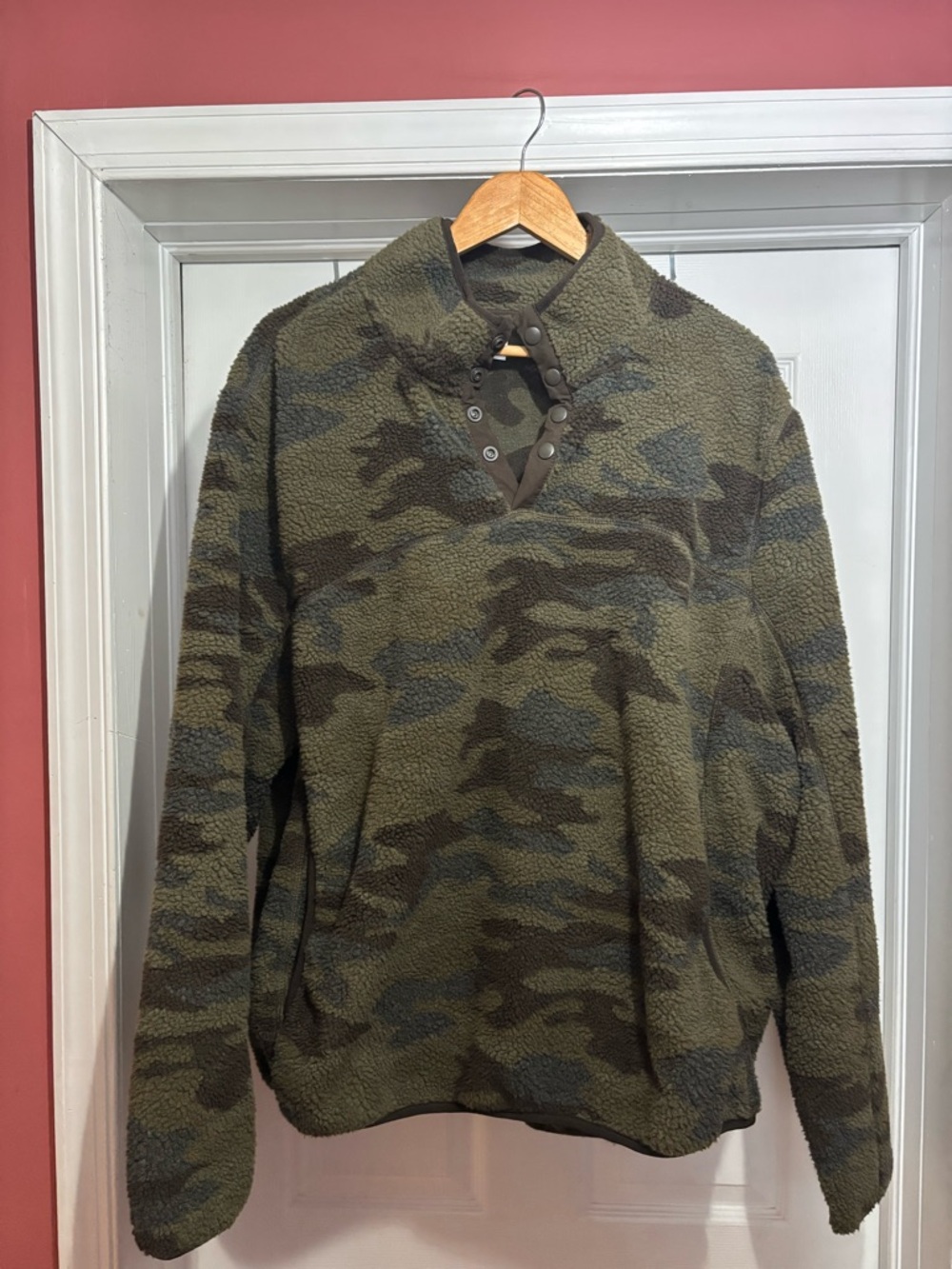 Olive Green Camo Sherpa Snap-Button Pullover